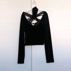 Bobon21 Cropped Black Velvet Cross-Strapped Top
